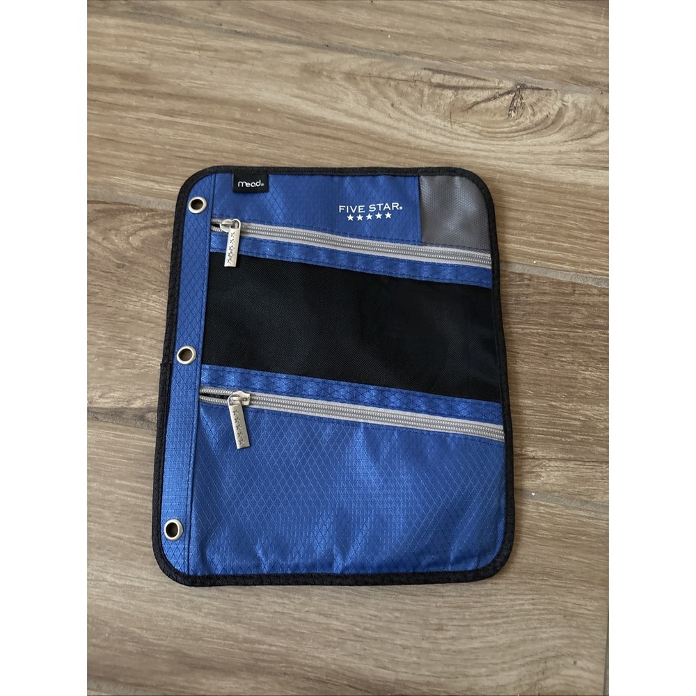 Five Star Dual Zipper Pencil Pouch Blue Binder Case w/ Hoops Organizer